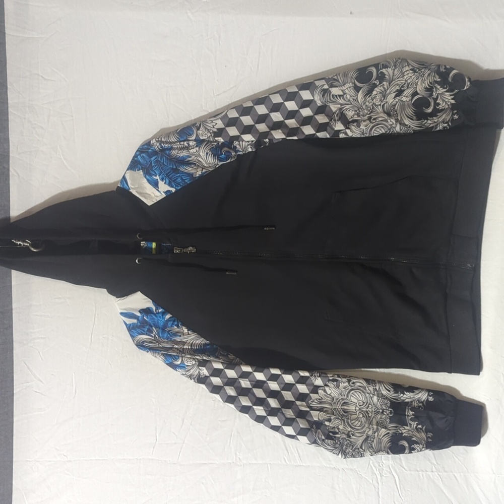 Men's Size M Versace Jeans Blue and White Baroque Style Zip Up Hooded Jacket